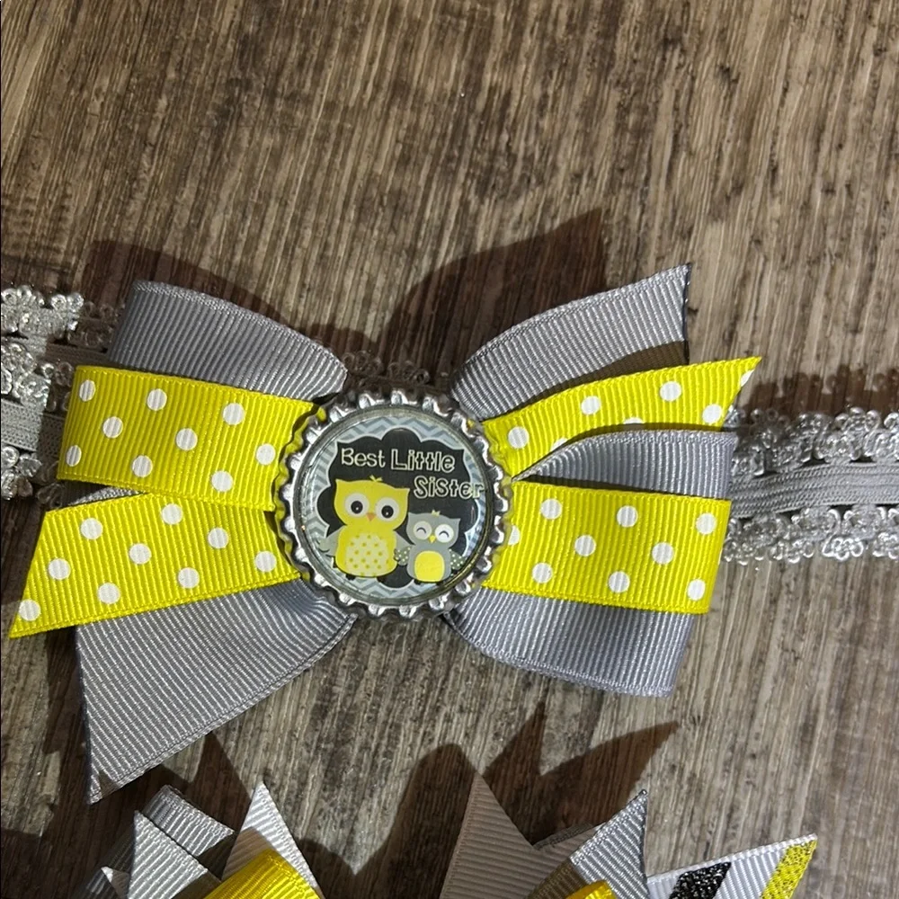 Big and little sister set of Yellow and Gray Decorative Hair Accessories owl